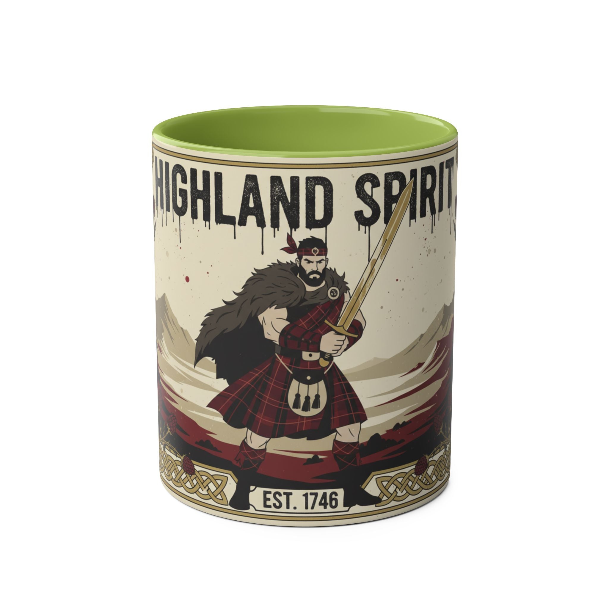 Highland Spirit Coffee Mug — Vintage Scottish Highlander 11oz Two-Tone Ceramic