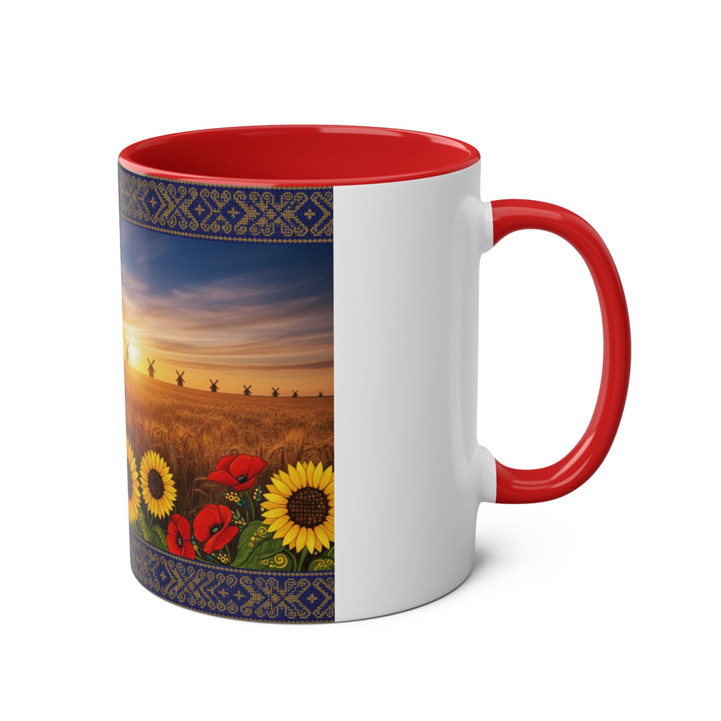 Sunflower Field Ceramic Mug — Two-Tone 11oz Coffee Cup with Sunrise & Windmills Design