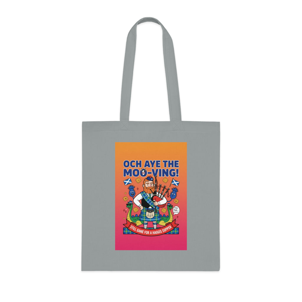 Scottish Cow Cartoon Cotton Tote — "Och Aye the Moo-ving!" Funny Celtic Grocery Bag