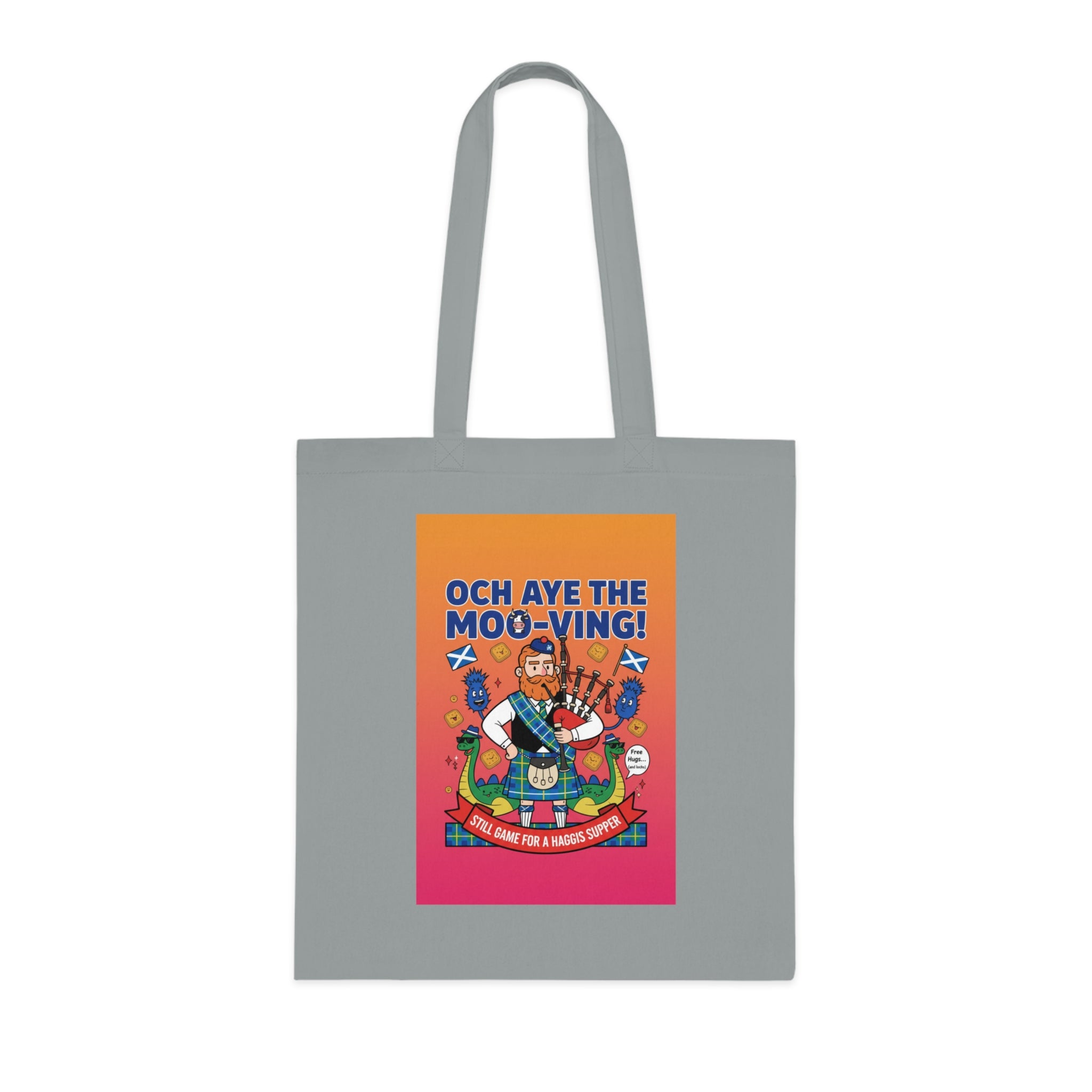 Scottish Cow Cartoon Cotton Tote — "Och Aye the Moo-ving!" Funny Celtic Grocery Bag