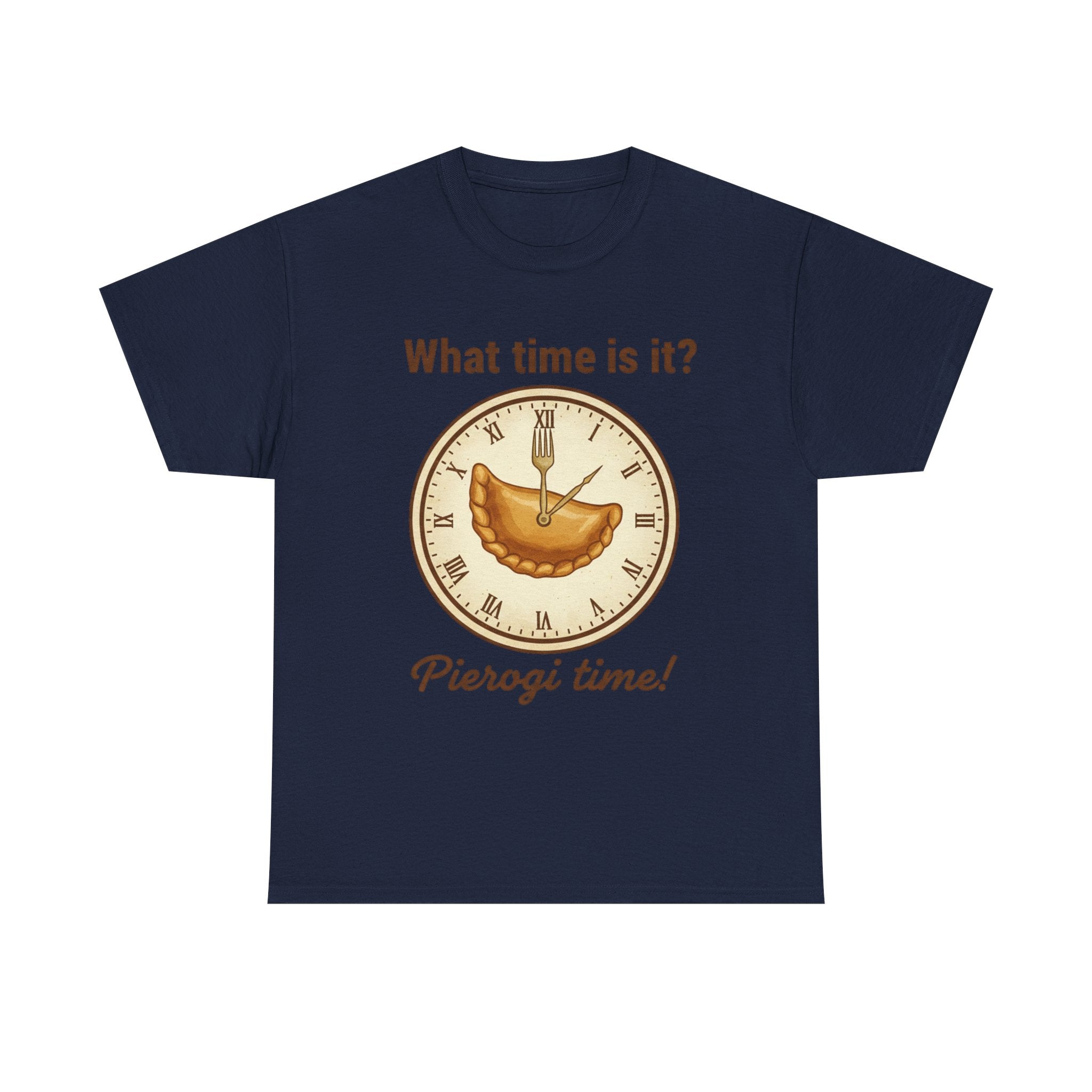 Pierogi Time T‑Shirt — "What time is it? Pierogi time!" Vintage Clock Food Tee