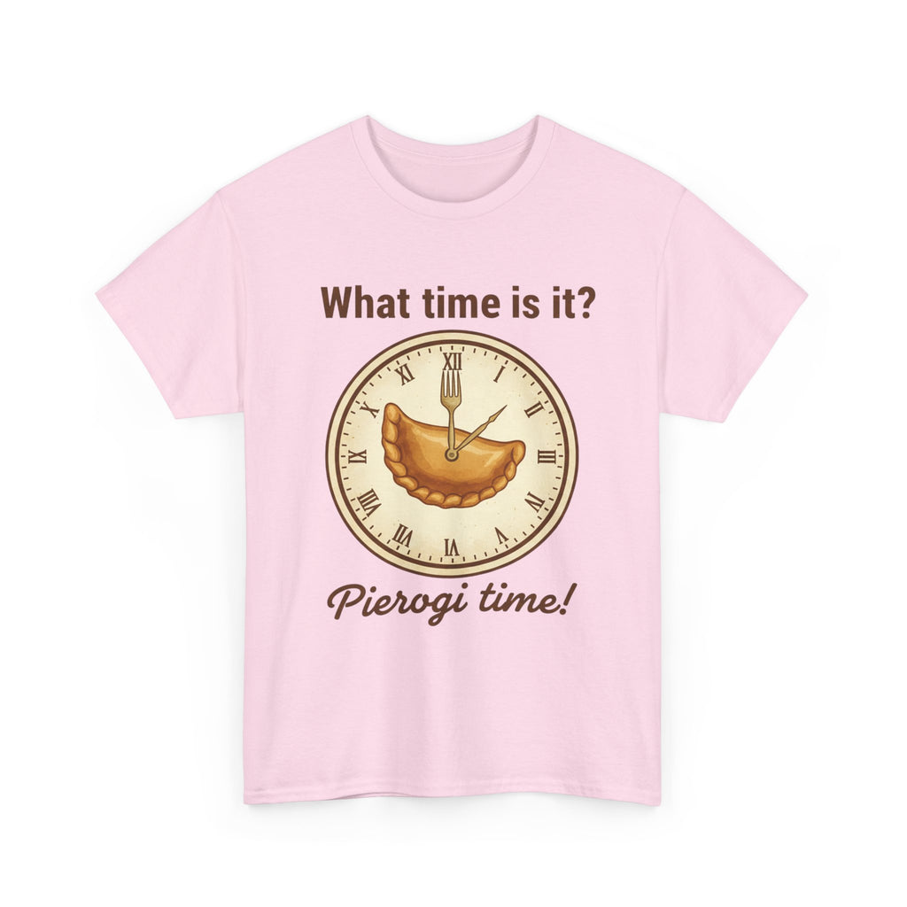 Pierogi Time T‑Shirt — "What time is it? Pierogi time!" Vintage Clock Food Tee