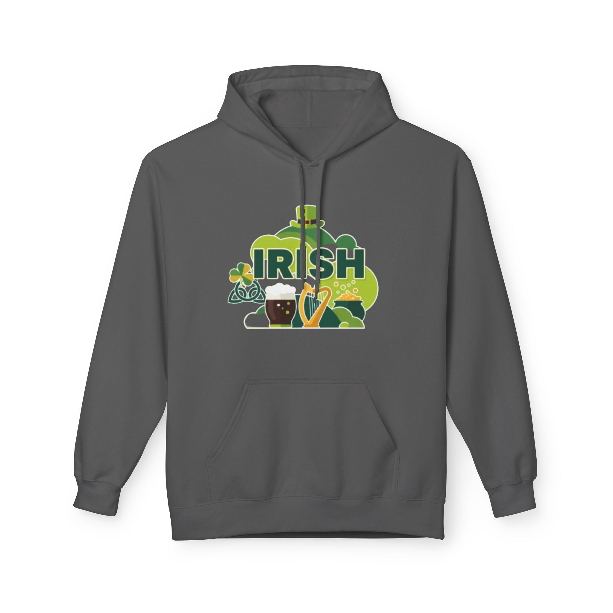 Irish St. Patrick's Day Hoodie — Shamrock, Leprechaun Hat & Pint Design