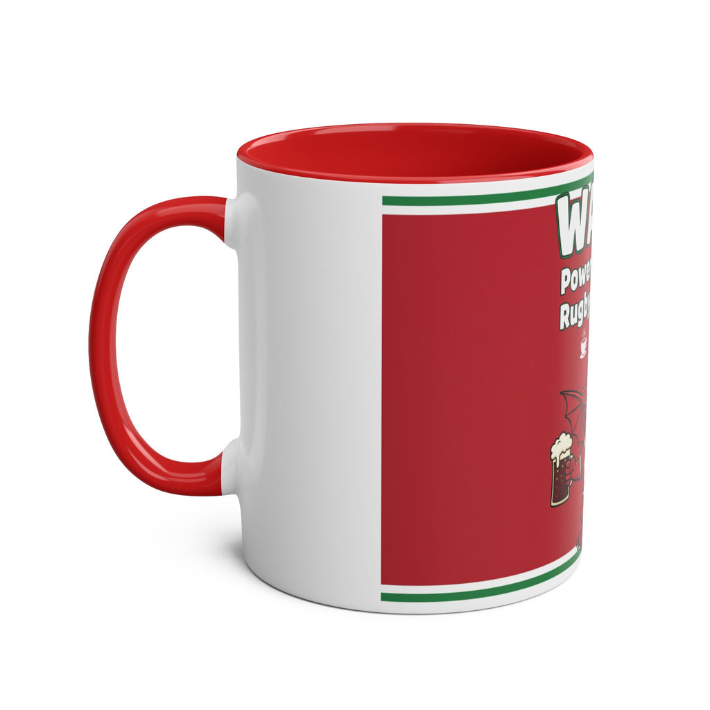 Wales Coffee Mug – "Wales: Powered by Tea, Rugby & Dragons" 11oz Two-Tone Mug