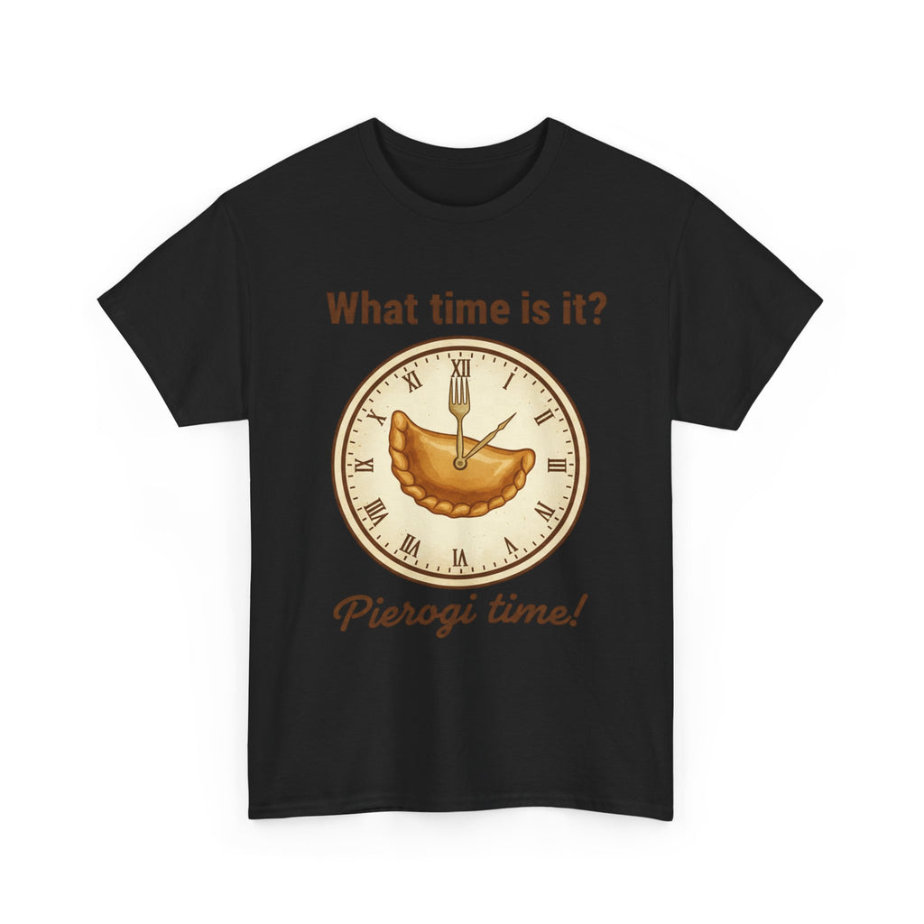 Pierogi Time T‑Shirt — "What time is it? Pierogi time!" Vintage Clock Food Tee