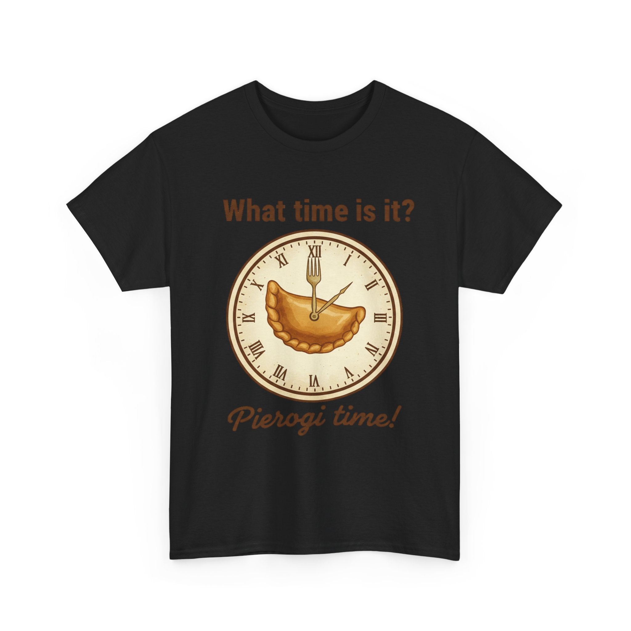Pierogi Time T‑Shirt — "What time is it? Pierogi time!" Vintage Clock Food Tee