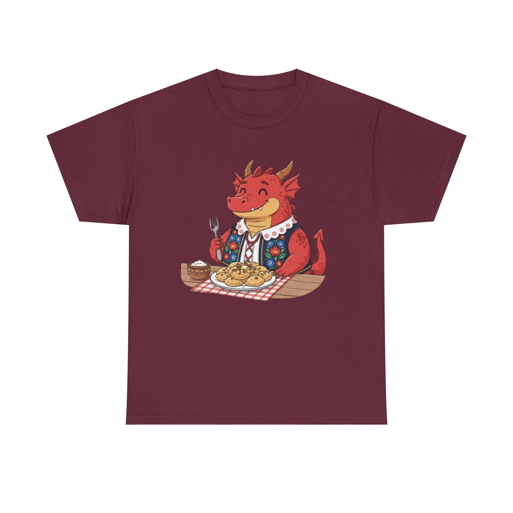 Dragon Eating Pierogi T-Shirt — "Mój nowy smok. Też lubi pierogi." Cute Polish Food Tee