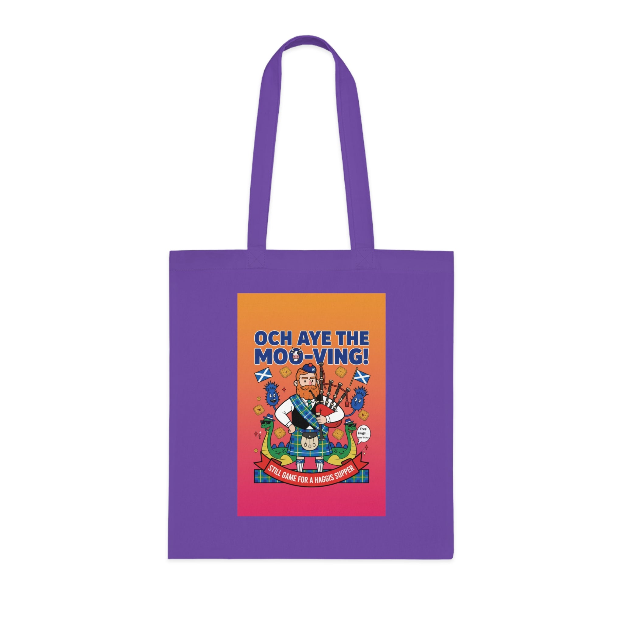 Scottish Cow Cartoon Cotton Tote — "Och Aye the Moo-ving!" Funny Celtic Grocery Bag