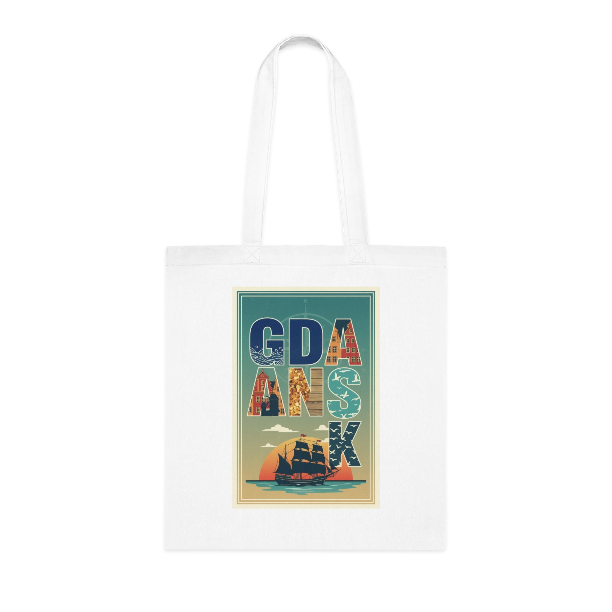 Gdańsk Vintage Travel Tote Bag – Retro Ship & Sunset Cotton Shopper