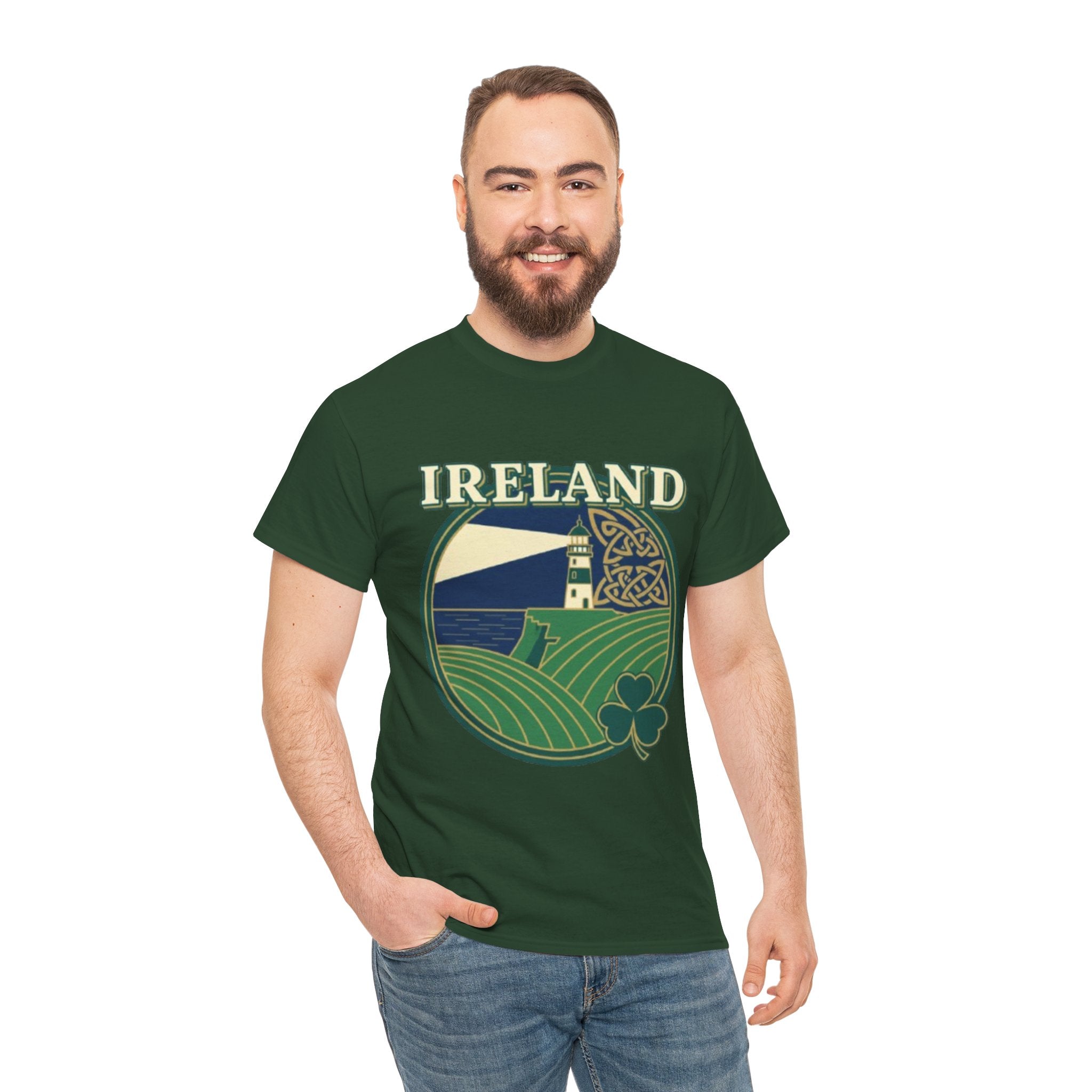 Ireland Scenic Tee — Celtic Lighthouse & Shamrock Graphic T-Shirt