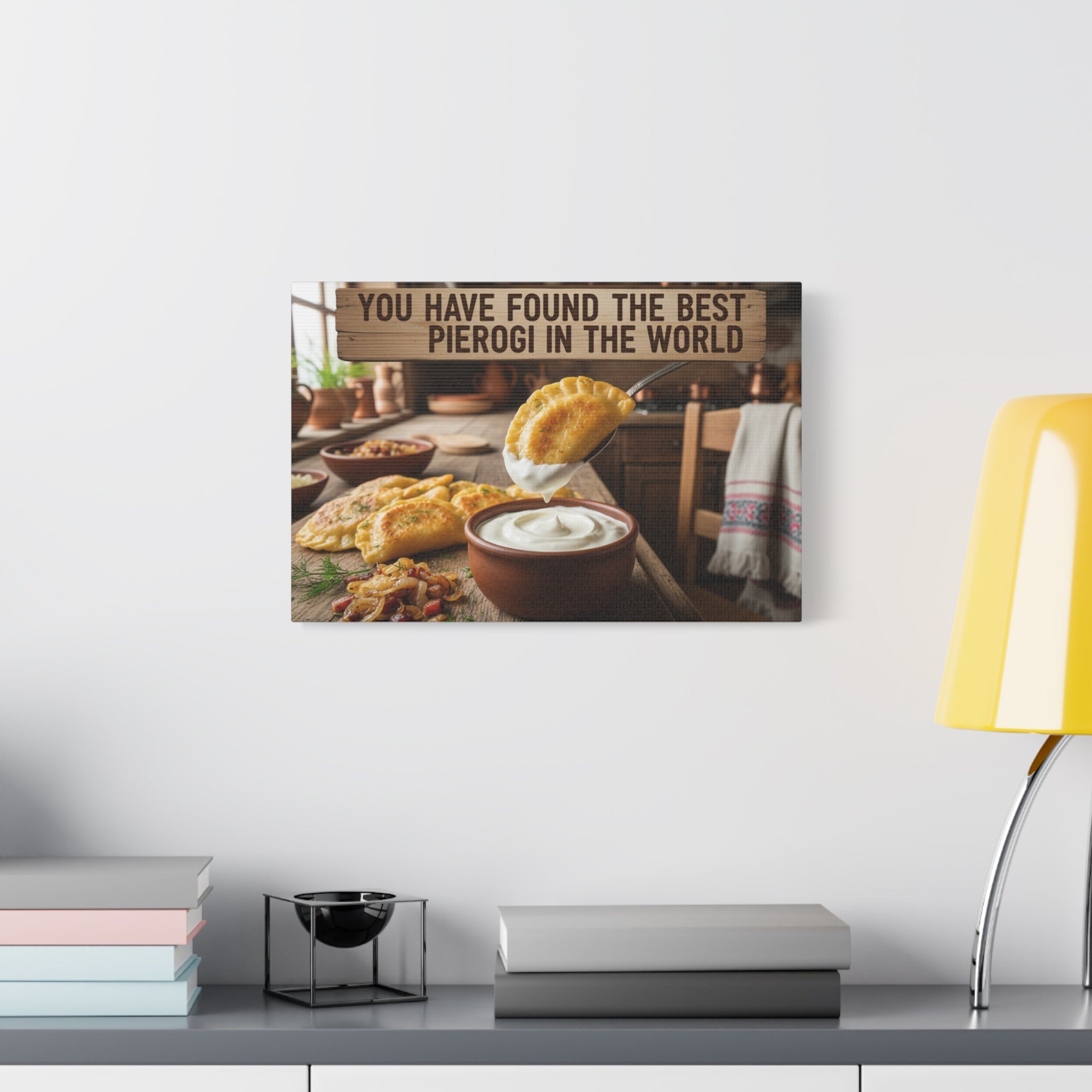 Pierogi Kitchen Canvas Wall Art — Rustic Food Canvas with Sour Cream Dip