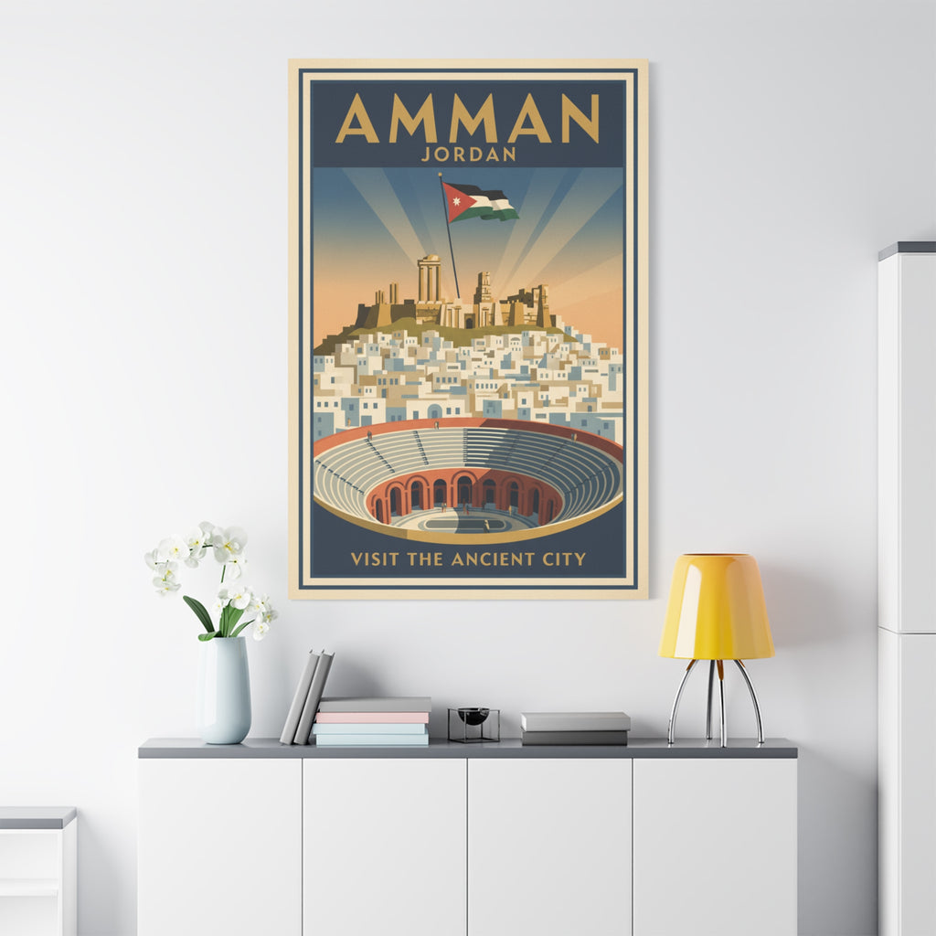 Amman Jordan Vintage Travel Canvas – "Visit the Ancient City" Stretched Wall Art