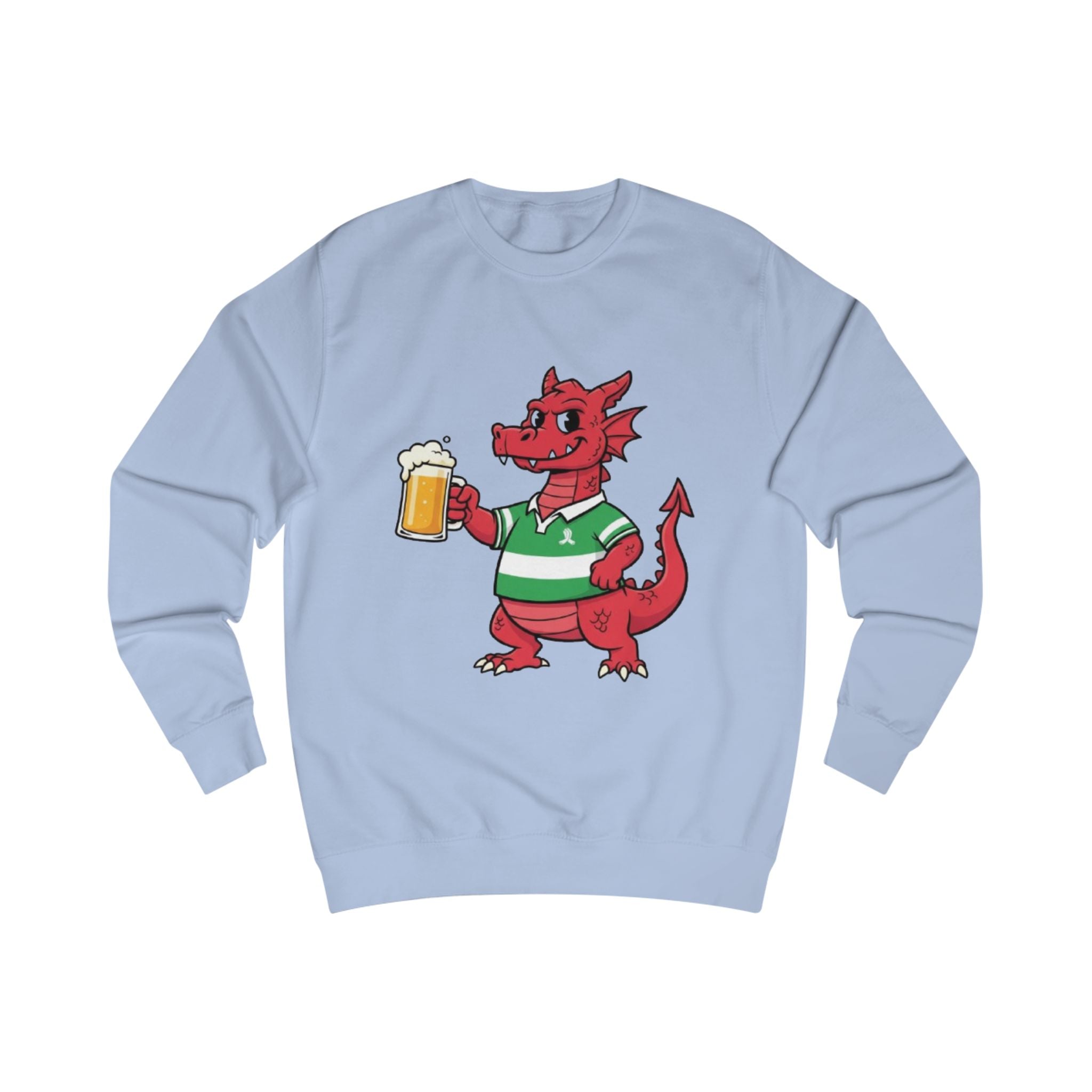 Dragon Cheers Sweatshirt — Cute Red Dragon Holding Beer Graphic Crewneck