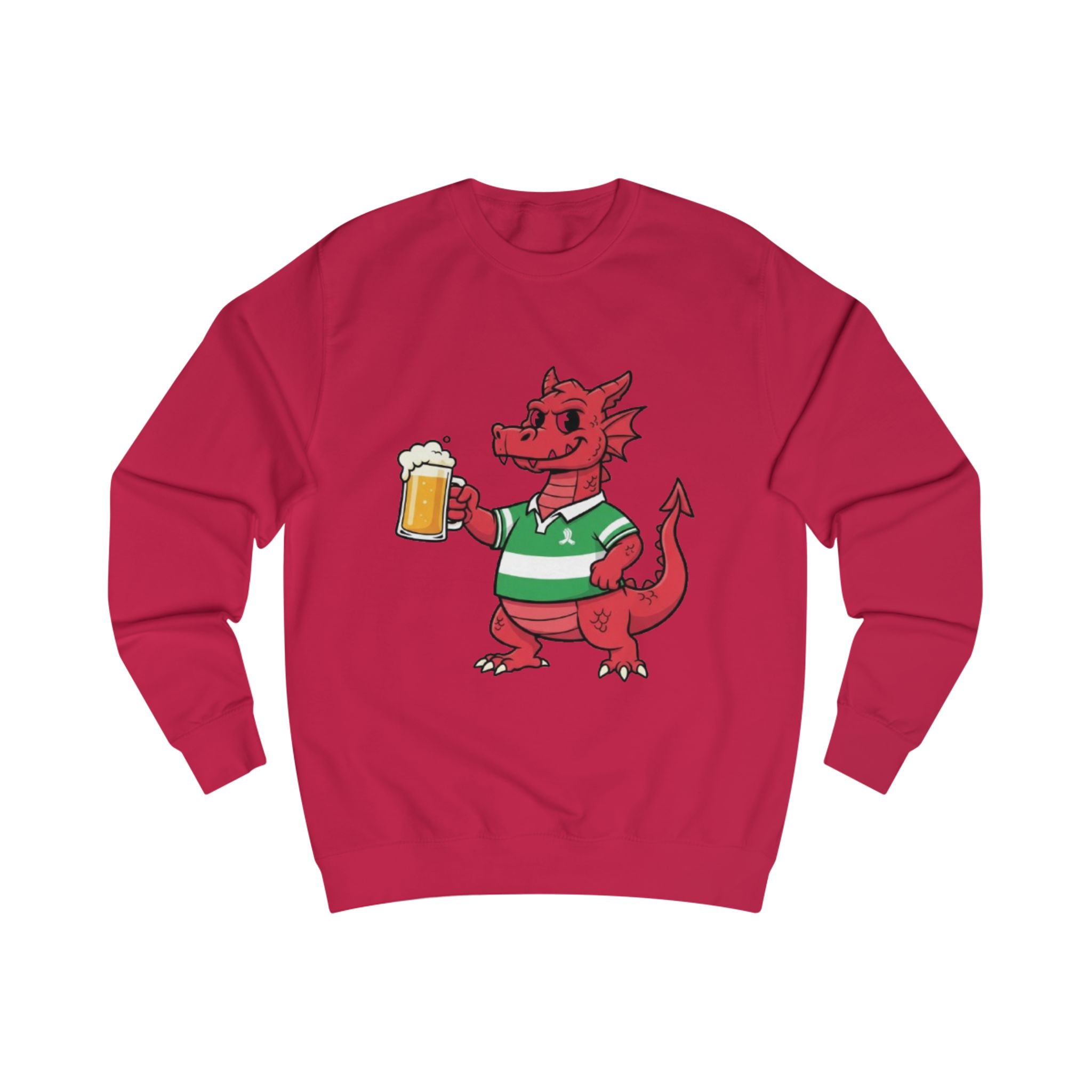 Dragon Cheers Sweatshirt — Cute Red Dragon Holding Beer Graphic Crewneck