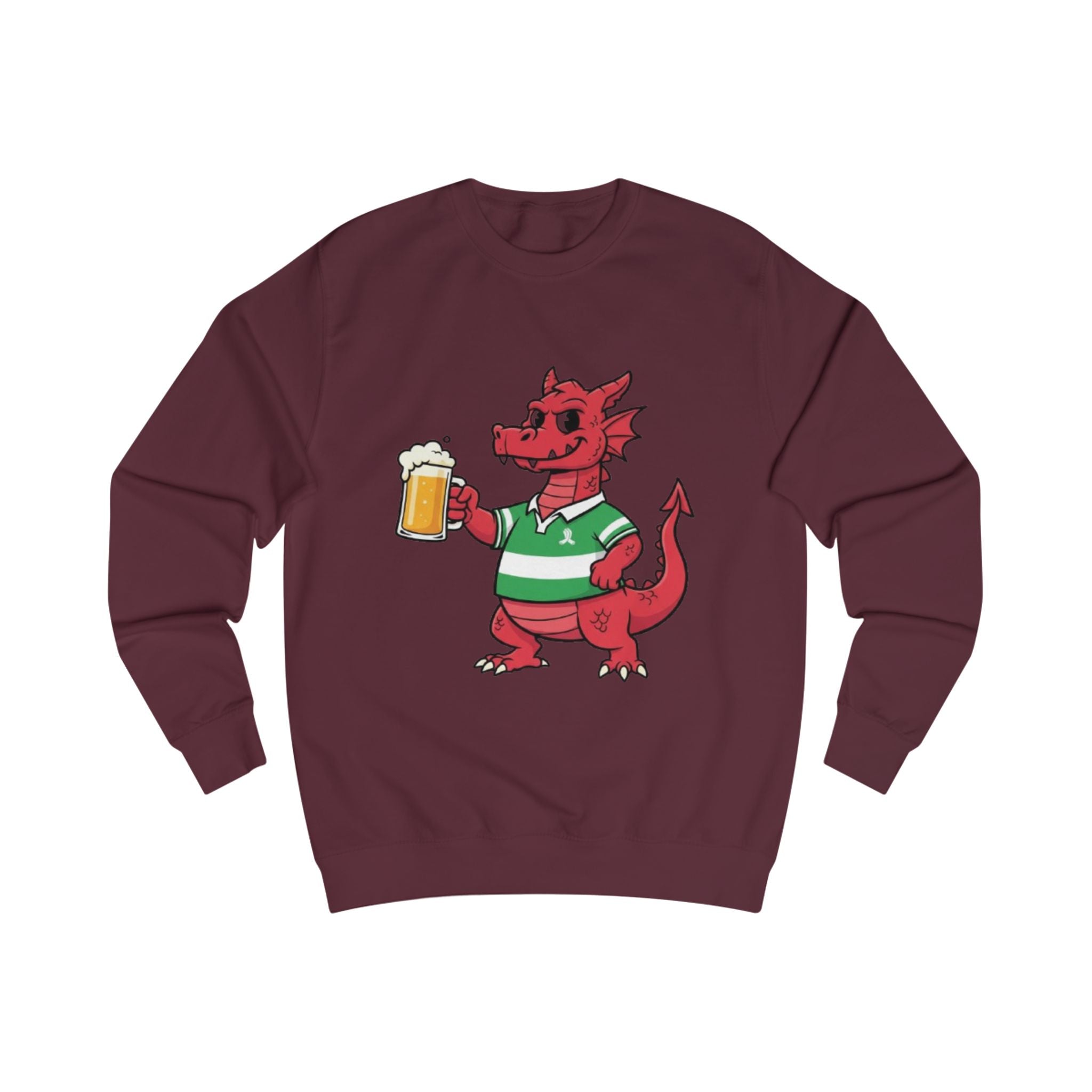 Dragon Cheers Sweatshirt — Cute Red Dragon Holding Beer Graphic Crewneck