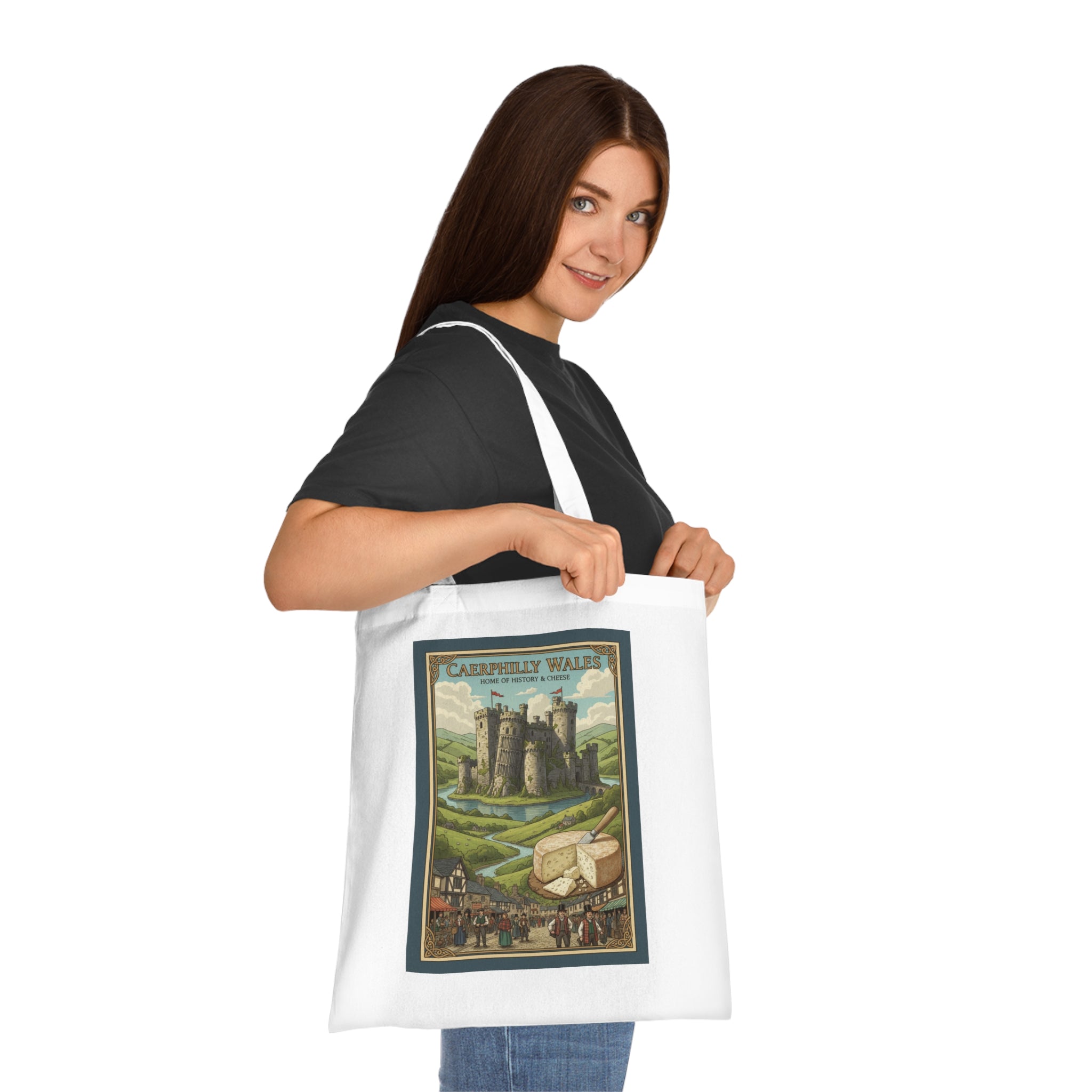 Vintage Castle & Cheese Market Cotton Tote — 'Caerphilly Wales' Retro Travel Poster Tote