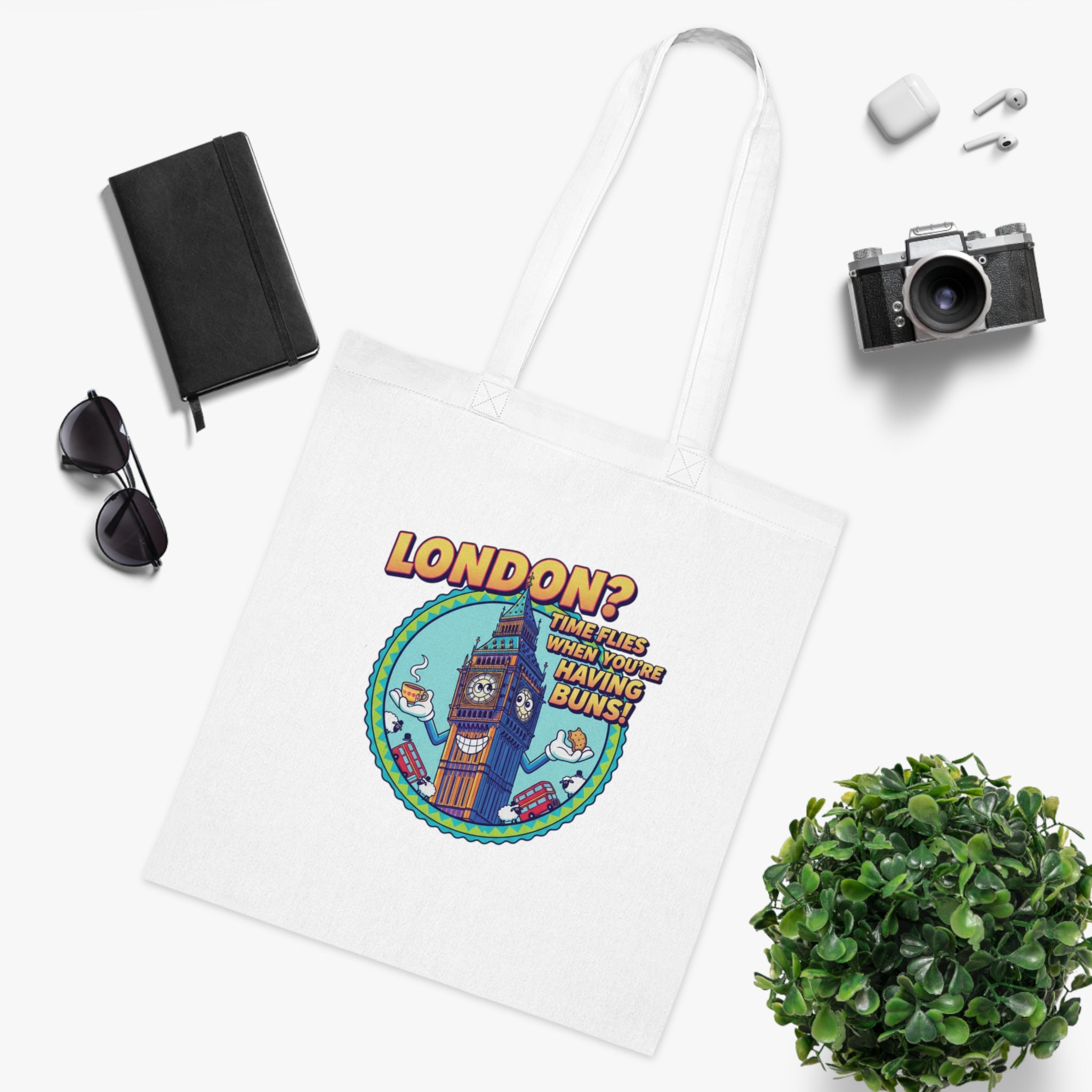 London? Having Buns! Big Ben Cartoon Cotton Tote Bag — Funny UK Travel Gift