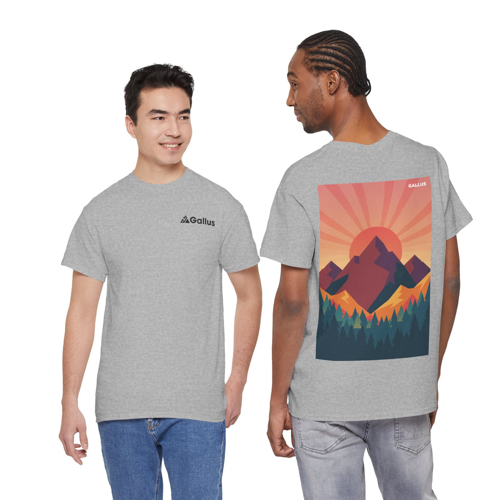 Mountain Sunset Graphic Tee — Vintage Nature Poster Back Print