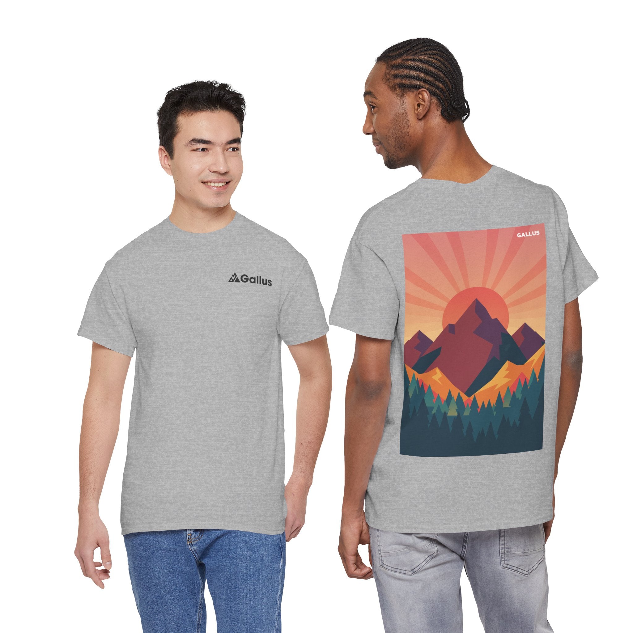 Mountain Sunset Graphic Tee — Vintage Nature Poster Back Print