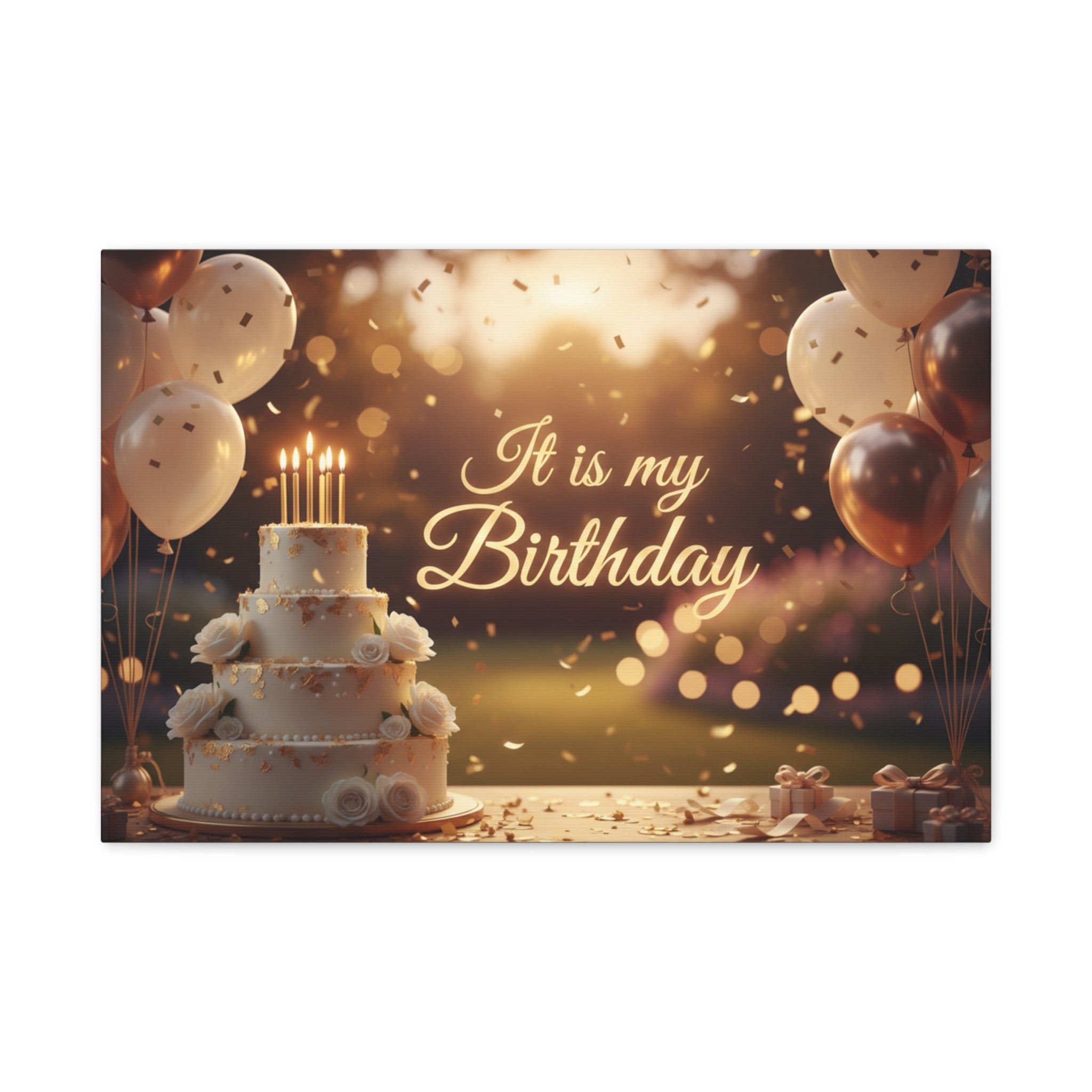 Birthday Canvas Wall Art - "It Is My Birthday" Celebration Cake & Balloons Matte Stretched Canvas