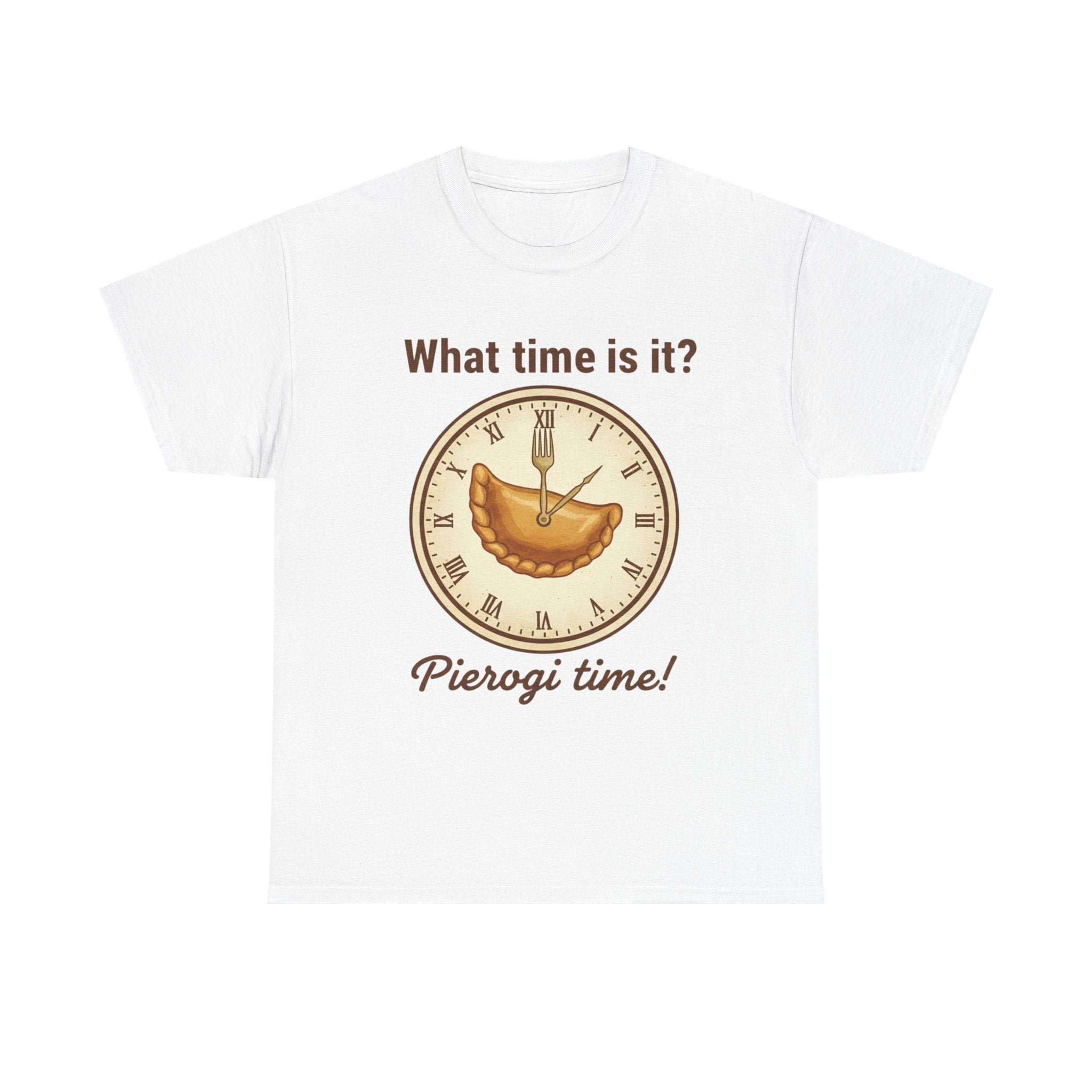 Pierogi Time T‑Shirt — "What time is it? Pierogi time!" Vintage Clock Food Tee