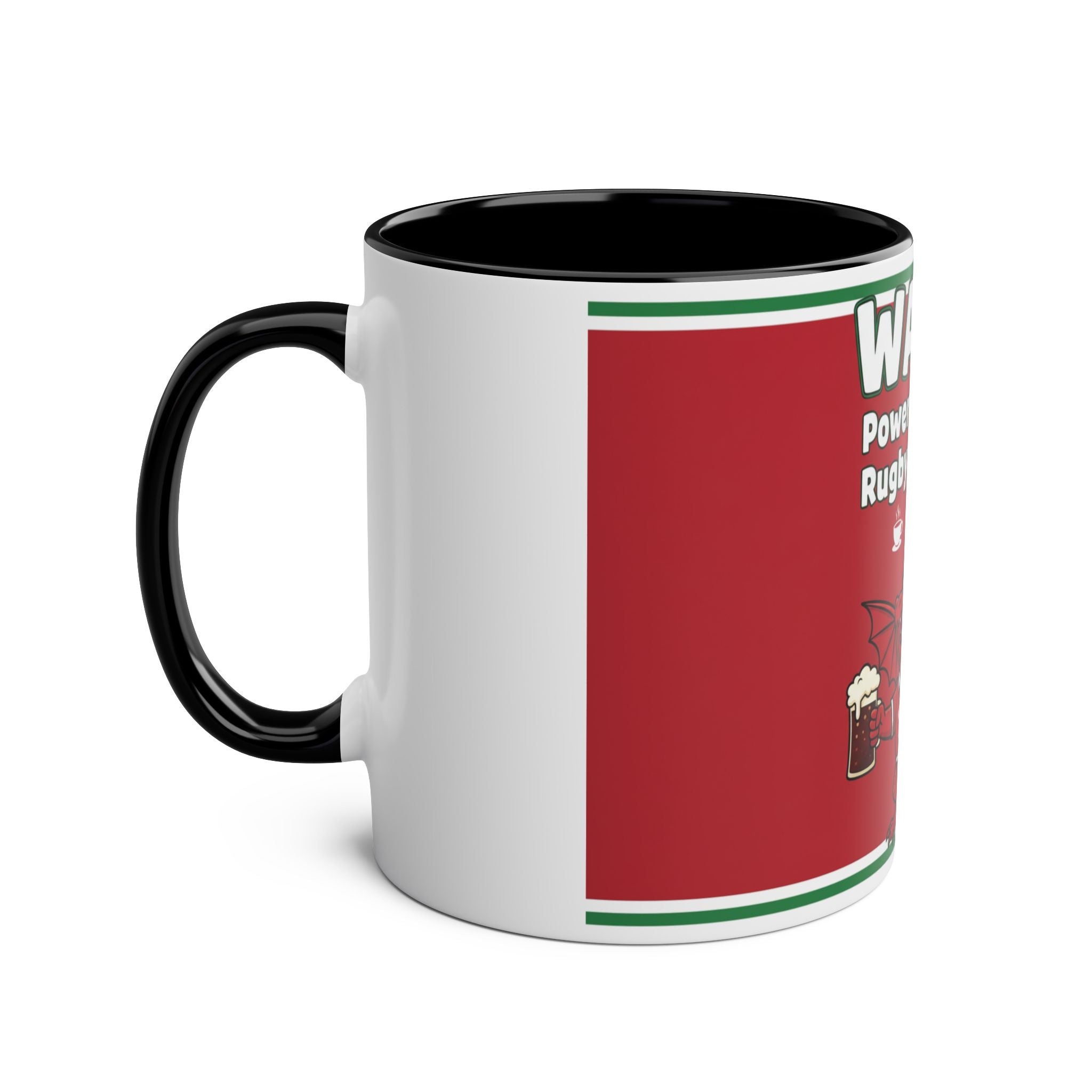Wales Coffee Mug – "Wales: Powered by Tea, Rugby & Dragons" 11oz Two-Tone Mug
