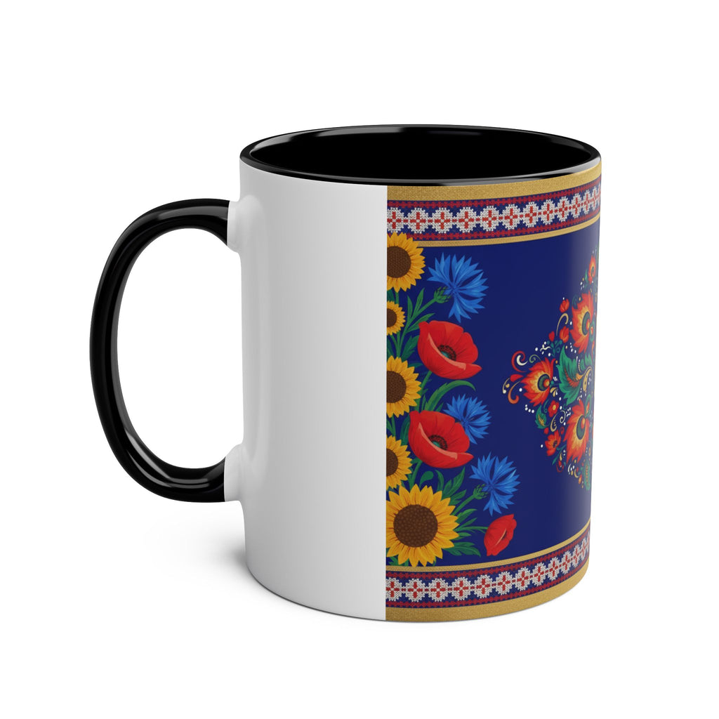 Ukrainian Floral Coffee Mug — Two-Tone 11oz with Tryzub & Folk Motif