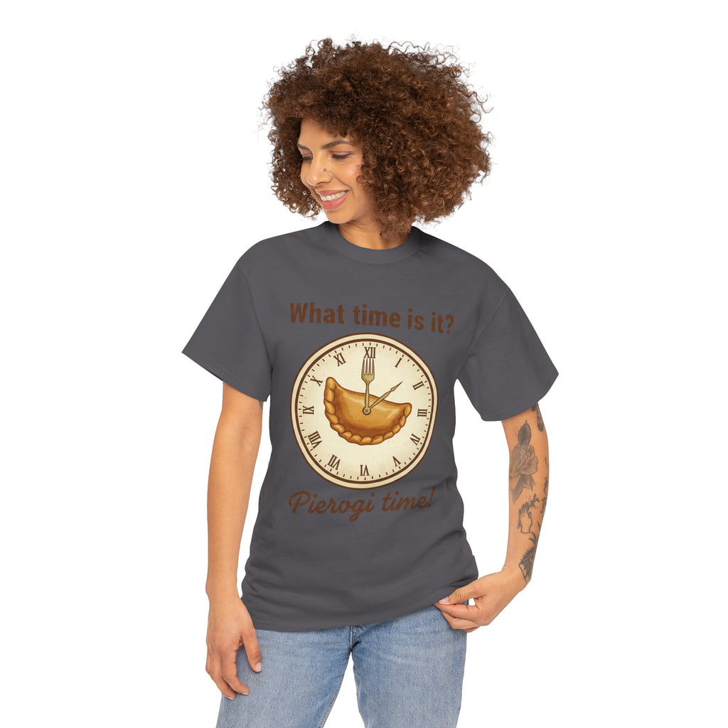 Pierogi Time T‑Shirt — "What time is it? Pierogi time!" Vintage Clock Food Tee