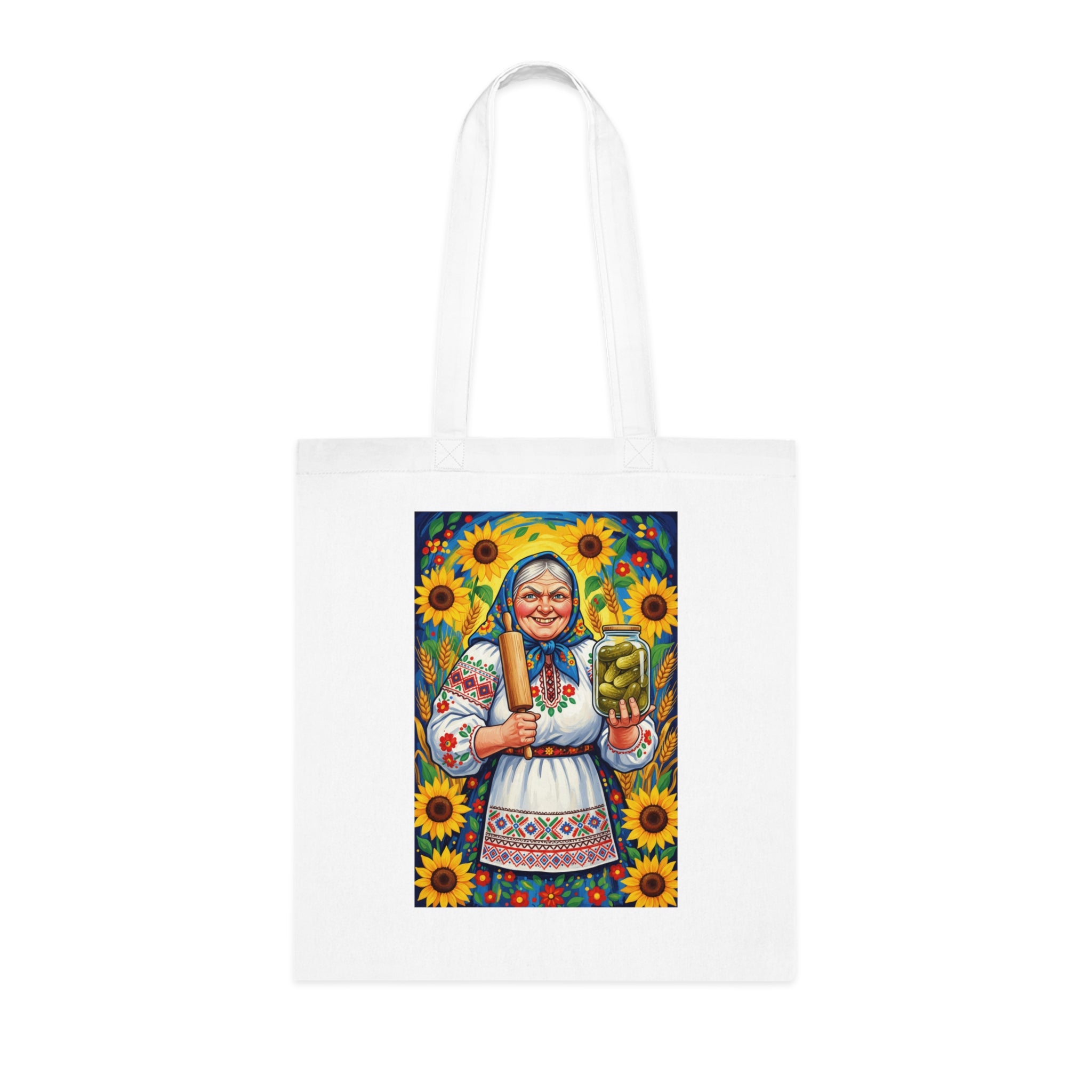 Sunflower Baba Tote - Ukrainian Folk Art Cotton Tote Bag