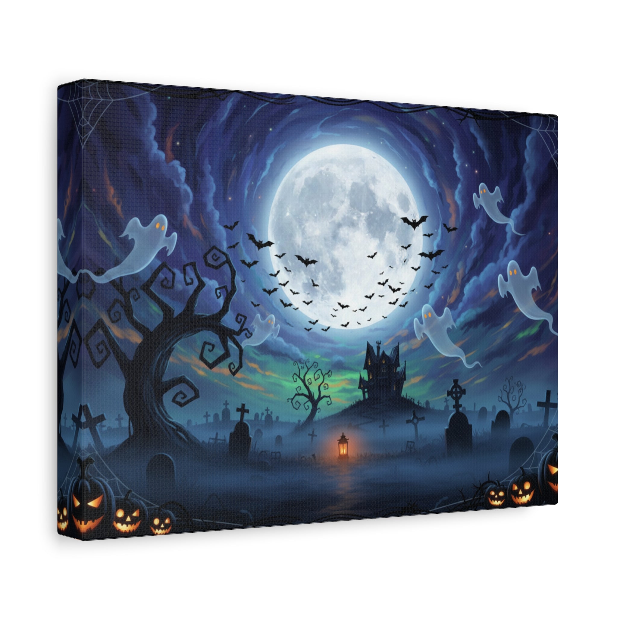 Spooky Night Halloween Canvas Wall Art — Haunted Moonlit Graveyard Scene